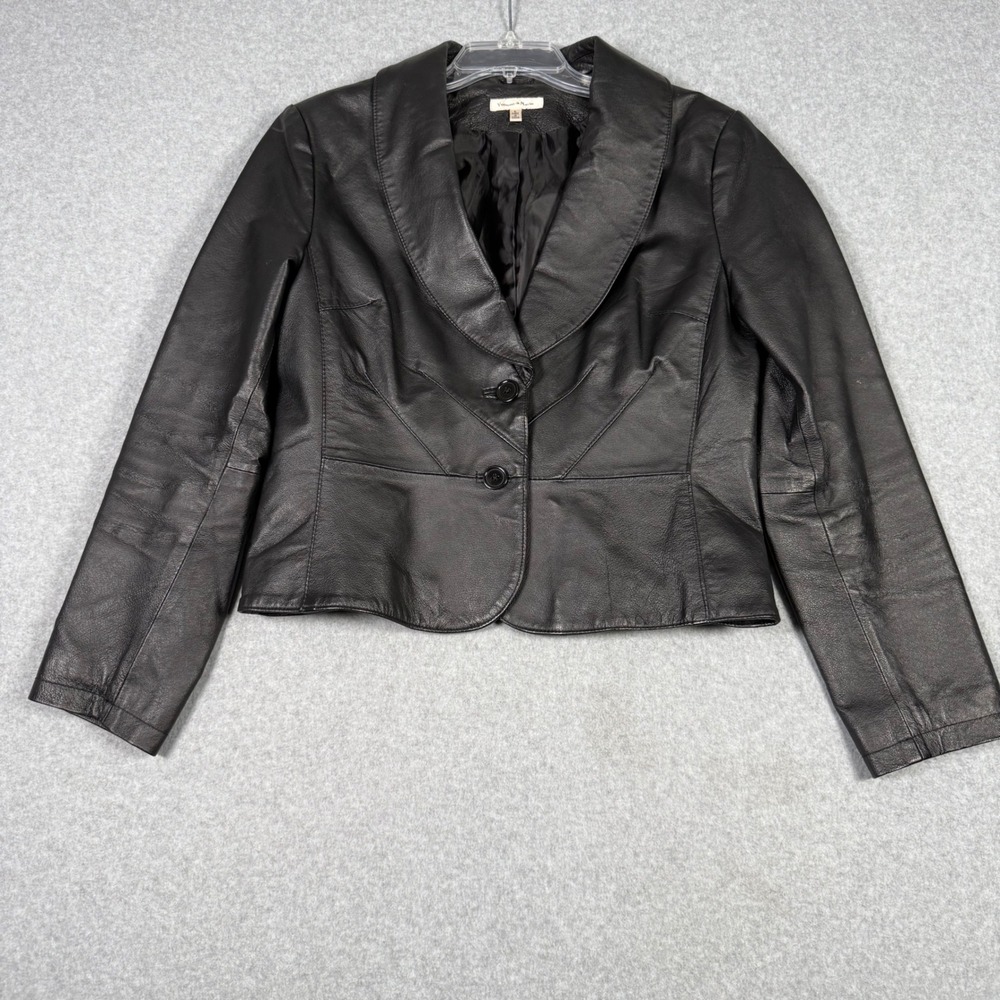 Yvonne & Marie Womens Black Genuine Leather Blazer Jacket Size L Shawl Collar